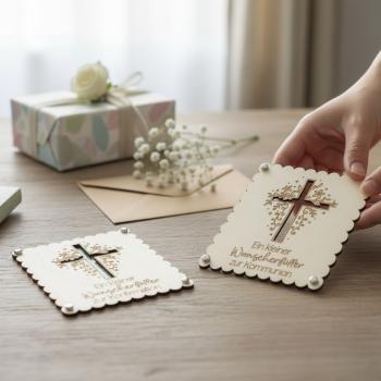 Holzkarte zur Konfirmation oder Kommunion mit eingelegtem Geldschein als Geschenkidee.